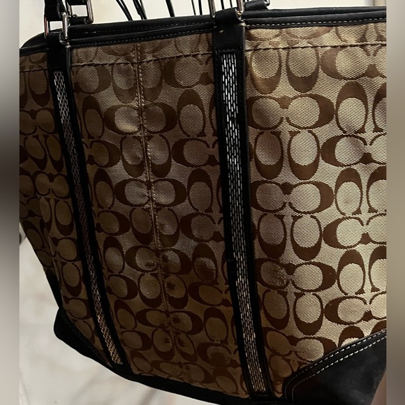 Coach Signature C Khaki Tote Jacquard Beaded Brown Suede Shoulder Bag #8K53 - Picture 7 of 16